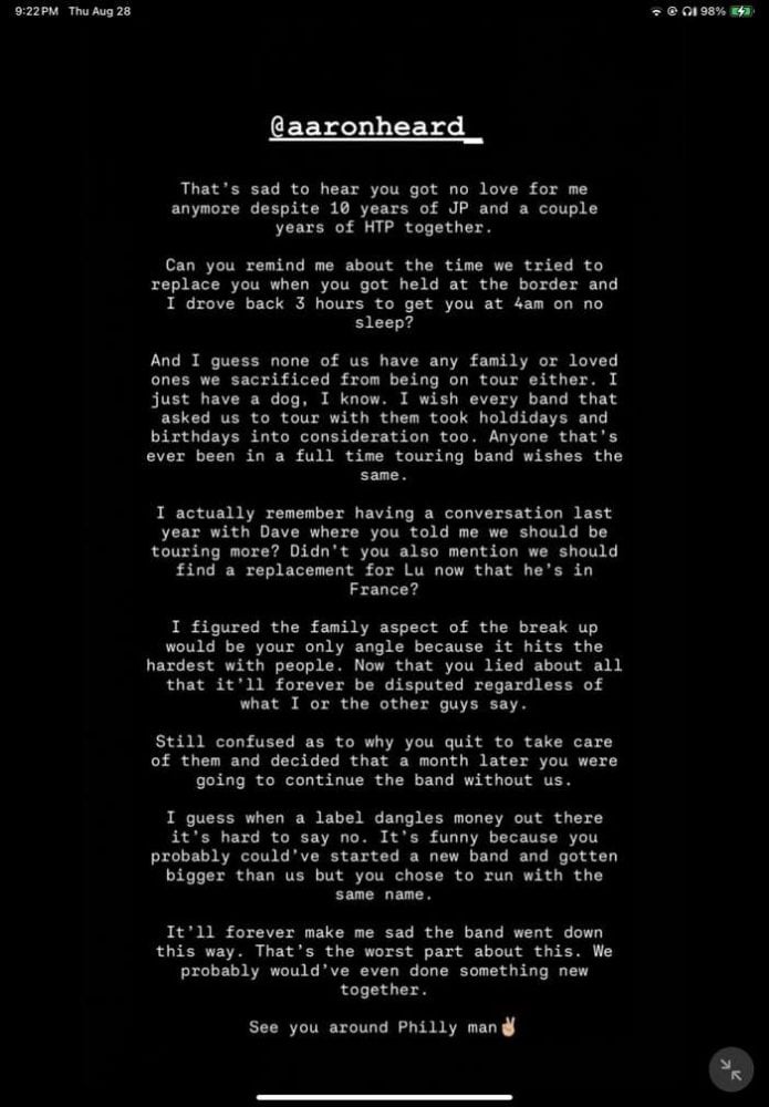 Another Day, Another Messy-Ass Breakup – JESUS PIECE Guitarist JOHN DISTEFANO Addresses Former Frontman AARON HEARD's Statement